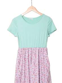 Vintage Boho Summer Fall Pink Navy Mint Floral Shift Swing T Shirt Sleeve Southern Dress | Small-3 XL Plus - 粉色 - 查看 3