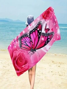 1 件 - 大号超细纤维沙滩毯，带红色蝴蝶图案，便携、柔软、多功能沙滩巾，男女皆宜