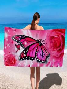 1 件 - 大号超细纤维沙滩毯，带红色蝴蝶图案，便携、柔软、多功能沙滩巾，男女皆宜