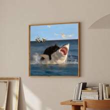 1 pieza Sin marco, Póster de emojin de gato gordo y tiburón, Estilo de pintura renacentista, Impresiones de lienzo, Decoración de impresión ecléctica, Divertida decoración de pared para el hogar, Obra de arte para regalo, para dormitorio, sala de estar, decoración de pared, hogar y decoración de dormitorio