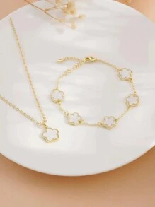 2pcs Dreamy Five-Leaf Clover Necklace & Bracelet Set, French Style Fashionable Minimalist Jewelry For Women Valentines,Mom,Mother,Mother's Day,Gift