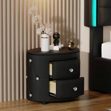 Elegant PU Nightstand With 2 Drawers And Crystal Handle,Fully Assembled Except Legs&Handles,Storage Bedside Table - Black/White - 黑色 - 查看 4