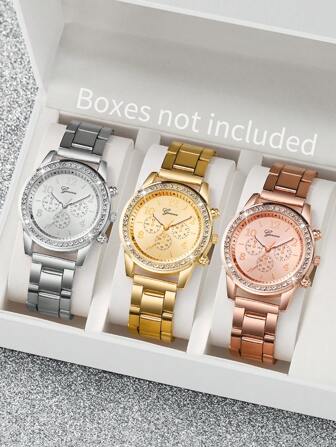 3入/set女式鋼帶時尚手表，鑲嵌三眼數字刻度盤鑽石石英手表，不包括手表盒