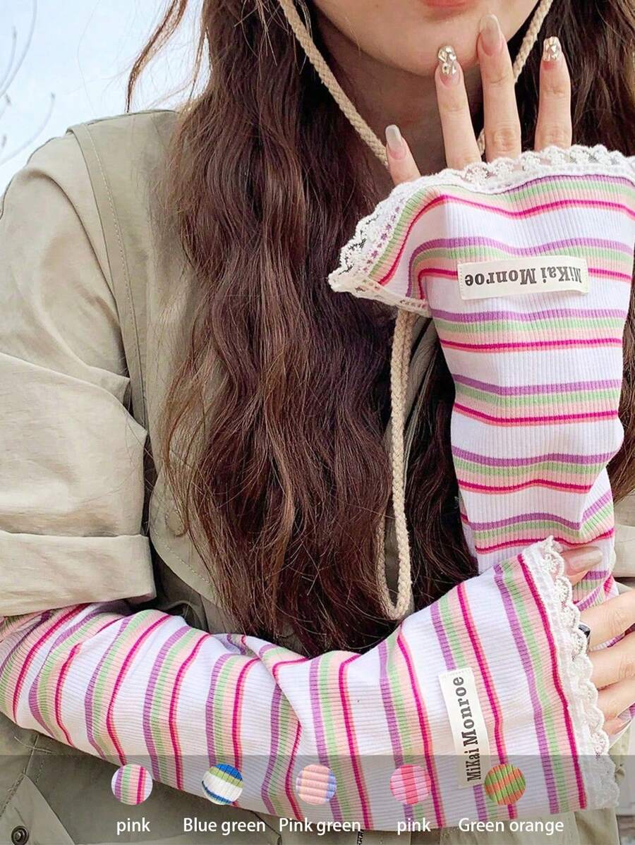 1 đôi ống tay áo ren kẻ sọc dành cho nữ, nhẹ, chống tia UV, thích hợp cho việc lái xe, đi xe máy vào mùa hè, du lịch, lễ hội. - Nhiều màu - Xem 1
