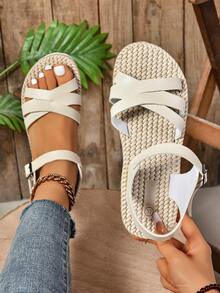 女士休闲时尚舒适轻便百搭泡沫平底凉鞋 - 米色 - 查看 7