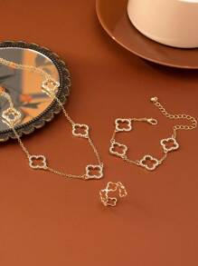 1 件花朵项链、1 件花朵手链和 1 件花朵戒指套装，时尚三叶草花朵项链套装，适合情人节休闲装 - 白色 - 查看 2