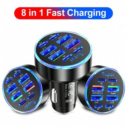 Caricabatterie da auto multifunzionale per telefono cellulare con 8 porte, universale, super veloce, 4 USB, 4 PD, compatibile con iPhone 15 Pro Max 14 Plus 13 12 11, compatibile con Samsung, Oneplus, compatibile con iPhone, iPad, telefono Android, laptop, adattatore di ricarica rapida, supporto per ricarica rapida e multi-dispositivo, design compatto per una ricarica efficiente in movimento, caricabatterie da auto veloce, regali per famiglia, amici, bambini, compleanno, Natale, inverno, accessori per auto