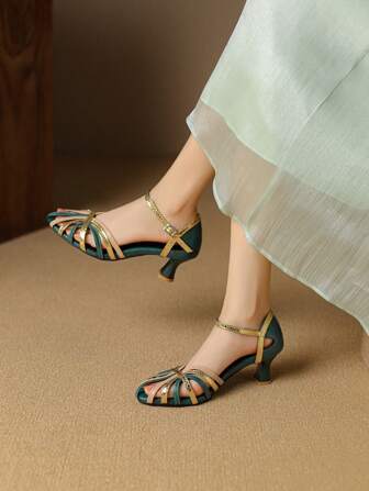 European Niche Unique Retro Woven Closed Toe Sandals Color Matching Thin Strap Hollow High Heels Wine Glass Heel Latin Dance Shoes Pig Cage Shoes