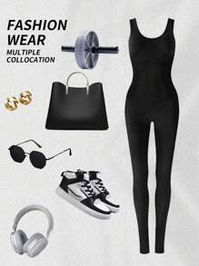 Yefecy 一体式纯色无缝瑜伽连体衣，高弹力跑步健身运动服塑身衣连体衣 - 黑色 - 查看 6