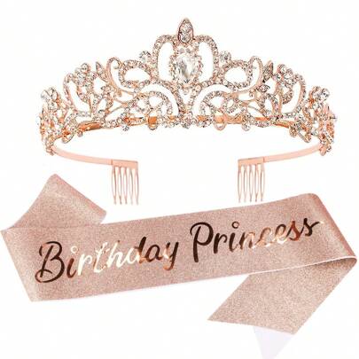 Corona de tiaras con cristales de strass y rosa dorado, faja de princesa y corona para mujer, decoraciones y accesorios para fiesta de cumpleaños de princesa