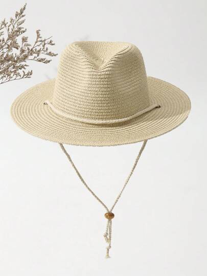 1入組中性金屬鏈裝飾寬邊旅遊西部風格巴拿馬帽，沙灘帽，透氣，帶有珠飾邊緣手編太陽帽草帽