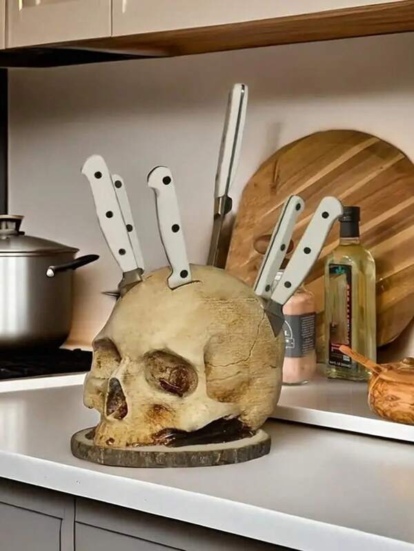1 Stück Schädel Messerhalter, Harz Sammlerstück, Innen- und Außendekoration mit Horror-Thema, Feiertagsdekoration für Halloween, Ostern usw.