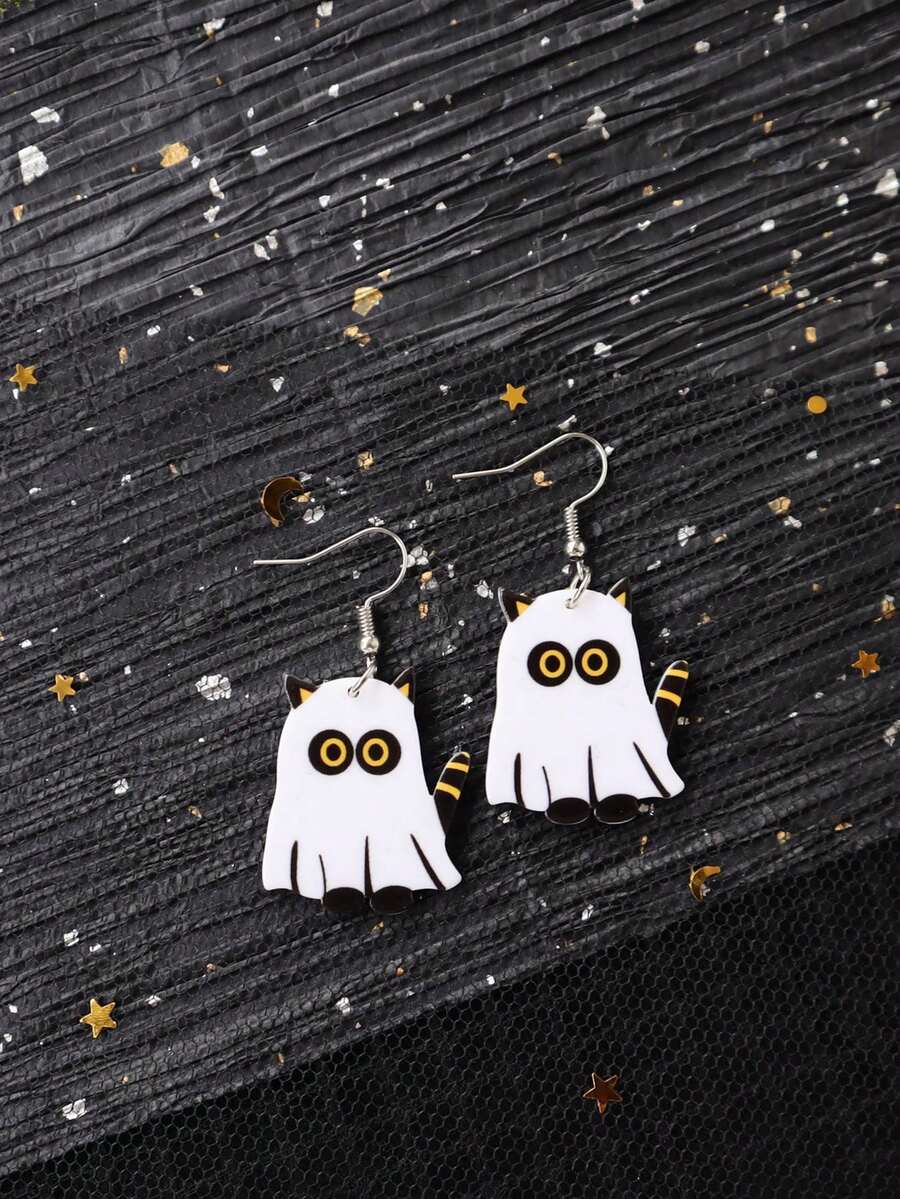 1 对万圣节亚克力南瓜可爱鬼猫耳环三重鬼卡通搞笑创意个性耳饰耳坠 - 貓咪幽靈 - 查看 1