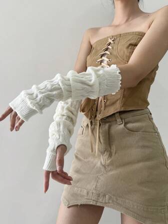 1 双女士时尚粗针织白色臂套，黑色露指手套保暖羊毛手套，极简主义 Y2K 风格，适合日常、约会、居家、户外使用，秋冬