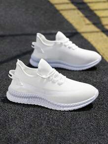 Los hombres de color sólido zapatillas deportivas casuales, de moda transpirable zapatos para correr, pareja puede zapatos de cordones de color sólido - Blanco - Ver 6