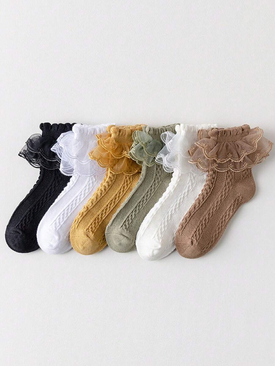 6 đôi tất dự tiệc ren công chúa màu trơn cho trẻ em, thời trang và đa năng - Nhiều màu - Xem 1