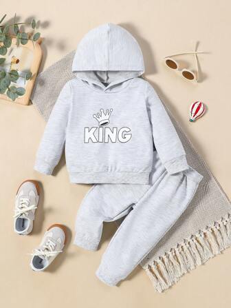 男婴休闲字母及皇冠印花连帽卫衣 + 灰色休闲裤套装