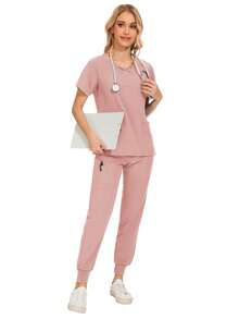 Gesundheits-Check Scrubs Uniformen Frauen einfarbiges Pet Grooming Arbeitskleidungsset, Ernährungsberater Arbeitsoveralls mit Kurzarm-Laborarbeitskleidung - Pink - Übersicht 3