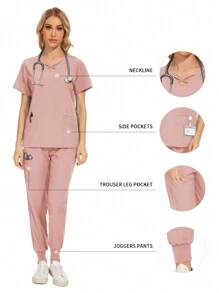 Gesundheits-Check Scrubs Uniformen Frauen einfarbiges Pet Grooming Arbeitskleidungsset, Ernährungsberater Arbeitsoveralls mit Kurzarm-Laborarbeitskleidung - Pink - Übersicht 1