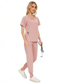 Gesundheits-Check Scrubs Uniformen Frauen einfarbiges Pet Grooming Arbeitskleidungsset, Ernährungsberater Arbeitsoveralls mit Kurzarm-Laborarbeitskleidung - Pink - Übersicht 5
