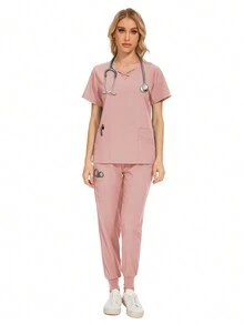 Gesundheits-Check Scrubs Uniformen Frauen einfarbiges Pet Grooming Arbeitskleidungsset, Ernährungsberater Arbeitsoveralls mit Kurzarm-Laborarbeitskleidung - Pink - Übersicht 7