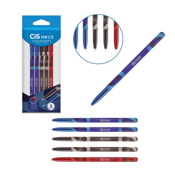 Caneta Esferográfica Next Cis Estojo Com 5 Unidades  AZUL - PRETA - VERMELHA
