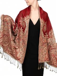 FADZOYLE 1 件女士海滩配饰奢华双层提花大佩斯利羊绒披肩围巾海滩罩衫纱笼羊绒手感狂野柔软丝滑双面围巾流苏日常生活晚礼服旅游办公室婚礼和礼品配饰女士