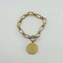 1pc Retro Coin Pendant Bracelet, Punk Style Stainless Steel Jewelry - Gold - View 3