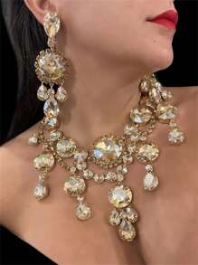 1 Set Minimalist Multicolor Rhinestone Geometric Necklace And Earrings Set, Suitable For Women's Dinner Party Evening Dress Jewelry - Multicolor - View 12