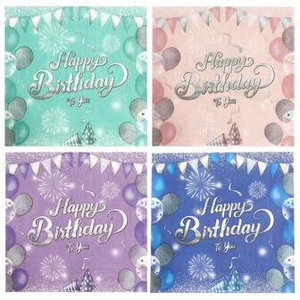 20 件/袋生日快乐水钻主题薄纸，紫色/粉色/海军蓝，带有高跟杯、气球和三角形图案，烫印，圣诞节