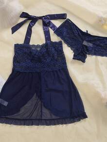 Conjunto de lencería sexy de encaje para mujer, vestido halter de malla con lazo y braguitas triangulares de encaje, adecuado para recién casada, fiesta, cita, dormitorio, dormir, vacaciones. - Azul - Ver 3