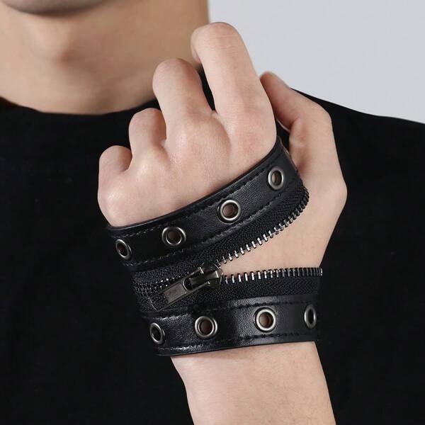 Gothic Adjustable 6cm Width Leather Bracelet Zipper Punk Rivet Wrap Bracelets Bangle Button Wristband Men Women Fashion Accessories