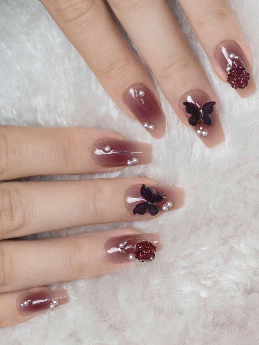 24 piezas de uñas postizas en forma de ataúd con lima de uñas y pegamento de gelatina - Burdeos - Ver 1