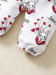 BrownBark Baby Girl 2pcs Set: Cute Casual Cartoon Rabbit & Heart Pattern Solid Color Long Sleeve Top + Floral Bow Decor Suspender Pants Set With Headband, Versatile For Daily Wear, Valentine's Day, Easter Bunny Children's Clothing - Red - View 11