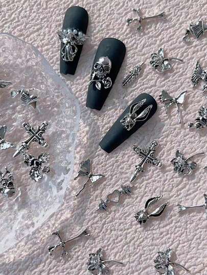 30件复古美式坏女孩风格暗色调合金饰品，骷髅十字架许愿天使美甲装饰