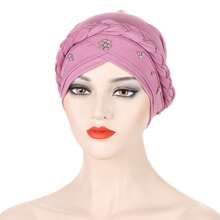 European And American Style Milk Silk Solid Color Studded Braid Bandana Headscarf Cap For Spring And Autumn