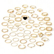 VKME 49 piezas Conjunto de anillos con corazones negros, luna, mariposa y efecto diamante, de estilo bohemio premium, para uso diario y casual de mujeres - Amarillo Oro - Ver 5