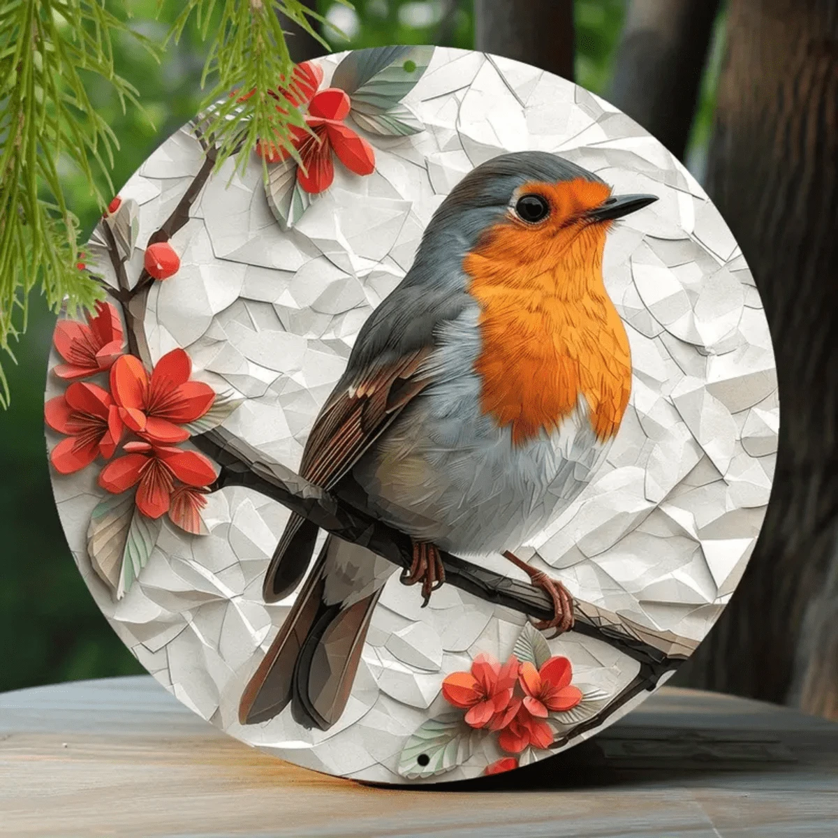 1pc 8x8 Inch Spring Metal Sign Robin Theme Decor Faux Origami Window Decor Round Wreath Sign Living Room Decor Women Gift, Random Hole Position