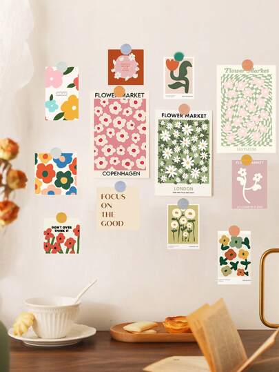 17pcs/Set (15pcs Decorative Cards + 2pcs Random Color Stickers), Floral & Artistic Photography Decorative Posters, DIY Stickers For Card & Wall Decor, Indoor Bedroom Decoration Postcards