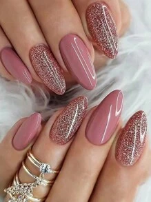 24 piezas de calcomanías de arte de uñas con purpurina en forma de almendra, con 1 pieza de gel de gelatina y 1 pieza de capa superior mate, adecuado para la decoración diaria de uñas de niñas - Multicolor - Ver 1