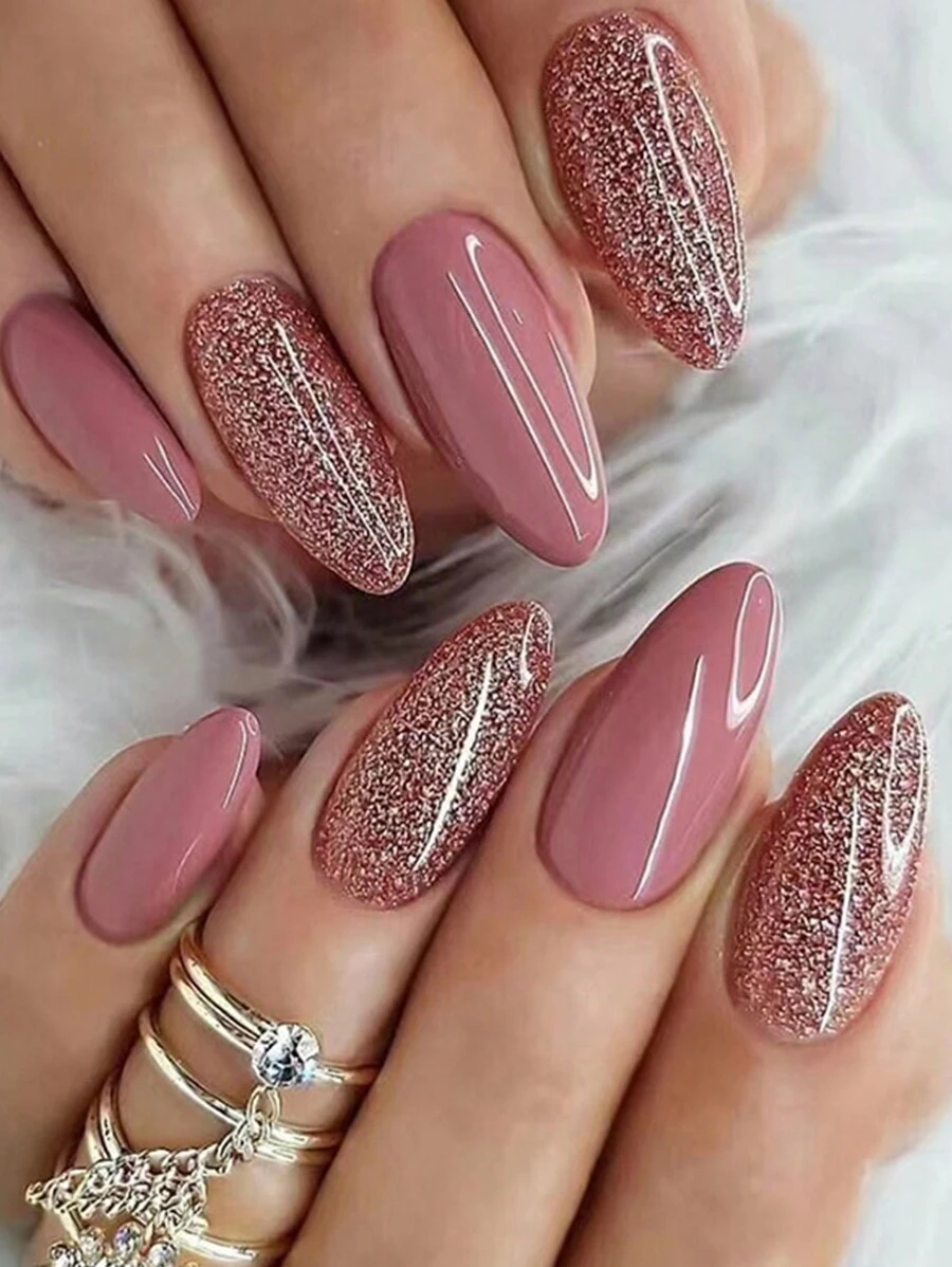 24 piezas de calcomanías de arte de uñas con purpurina en forma de almendra, con 1 pieza de gel de gelatina y 1 pieza de capa superior mate, adecuado para la decoración diaria de uñas de niñas - Multicolor - Ver 1