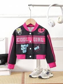 Young Girl Spring/Fall Casual Fashionable Round Neck Baseball Jacket With Letter Prints - Multicolor - View 7