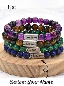 1pc Personalized Beaded Bracelets, 8mm Gemstone Bracelet, Custom Laser Engraved Bracelet, Customized Beaded Bracelet, Personalized Jewelry Gifts, Gifts For Mom, Women, Men, Dad, Wife, Husband, Bestie, Friend, Birthday Gift, Anniversary, Christmas, Halloween, New Year, Mother'S Day, Father'S Day Gift - Multicolor - View 3