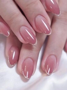 24 uñas postizas en color beige degradado con borde dorado y polvo brillante + 24 piezas de pegamento de gelatina + lima para aplicar uñas postizas