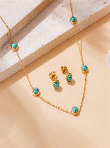 Conjunto de 1 par de Brincos e 1 colar de Aço Inoxidável com Banho de Ouro Retro Redondo de Turquesa