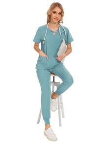 Kiểm Tra Sức Khỏe Tẩy Tế Bào Chết Đồng Phục Cho Nữ Màu Trơn Cho Thú Cưng Làm Việc Bộ Đồng Phục Chuyên Gia Dinh Dưỡng Làm Việc Phù Hợp Với Tay Ngắn Phòng Thí Nghiệm Mặc Đi Làm - Màu xanh nhạt - Xem 4