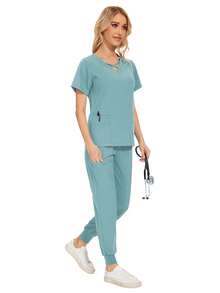 Kiểm Tra Sức Khỏe Tẩy Tế Bào Chết Đồng Phục Cho Nữ Màu Trơn Cho Thú Cưng Làm Việc Bộ Đồng Phục Chuyên Gia Dinh Dưỡng Làm Việc Phù Hợp Với Tay Ngắn Phòng Thí Nghiệm Mặc Đi Làm - Màu xanh nhạt - Xem 5