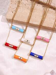 1 Pc Colorful Oil Enamel Necklace Plated With 18K Gold Blue Eyes And Tube Pendant Necklace  Rhinestone Summer Chain Necklace For Women Teen Birthday Party Wedding Jewelry Gifts