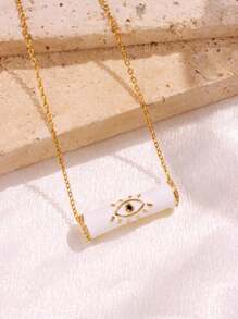 1 Pc Colorful Oil Enamel Necklace Plated With 18K Gold Blue Eyes And Tube Pendant Necklace  Rhinestone Summer Chain Necklace For Women Teen Birthday Party Wedding Jewelry Gifts