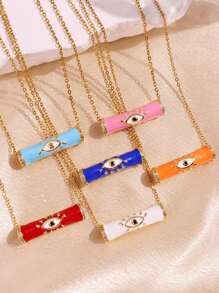 1 Pc Colorful Oil Enamel Necklace Plated With 18K Gold Blue Eyes And Tube Pendant Necklace  Rhinestone Summer Chain Necklace For Women Teen Birthday Party Wedding Jewelry Gifts